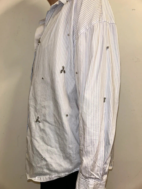 Primark Paris Blue Striped Rhinestone Shirt S Embellished Cotton Button Up