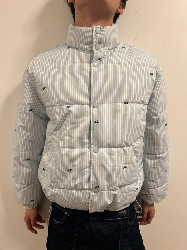 Blue Striped Cropped Puffer Jacket Small Embroidered Bow Detail