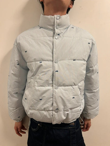 Blue Striped Cropped Puffer Jacket Small Embroidered Bow Detail