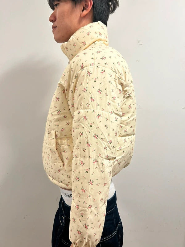 Cream Floral Cropped Puffer Jacket Women’s Small