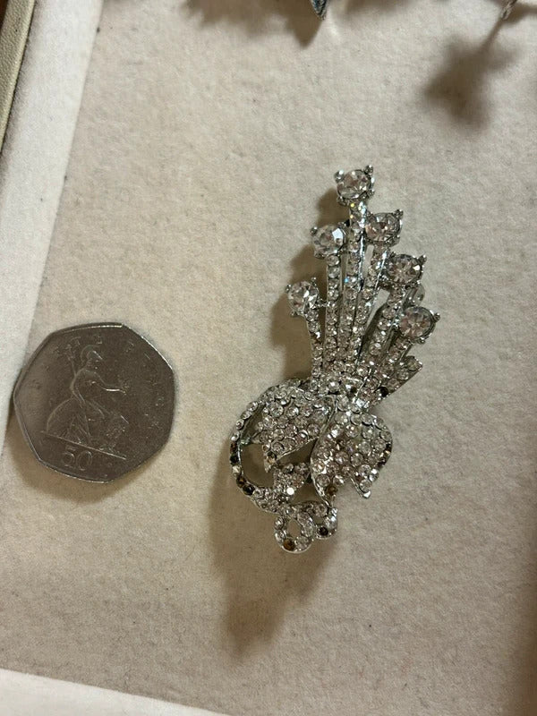 silver crystal angel brooch with dangling rhinestones