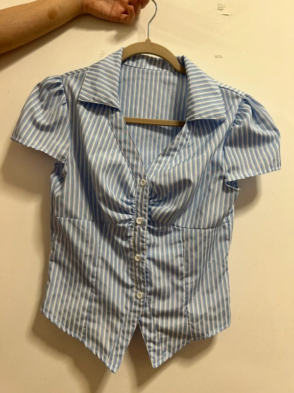 SHEIN Blue & White Striped Cropped Ruched Puff Sleeve Shirt Size S / UK 8