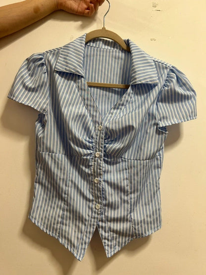 SHEIN Blue & White Striped Cropped Ruched Puff Sleeve Shirt Size S / UK 8