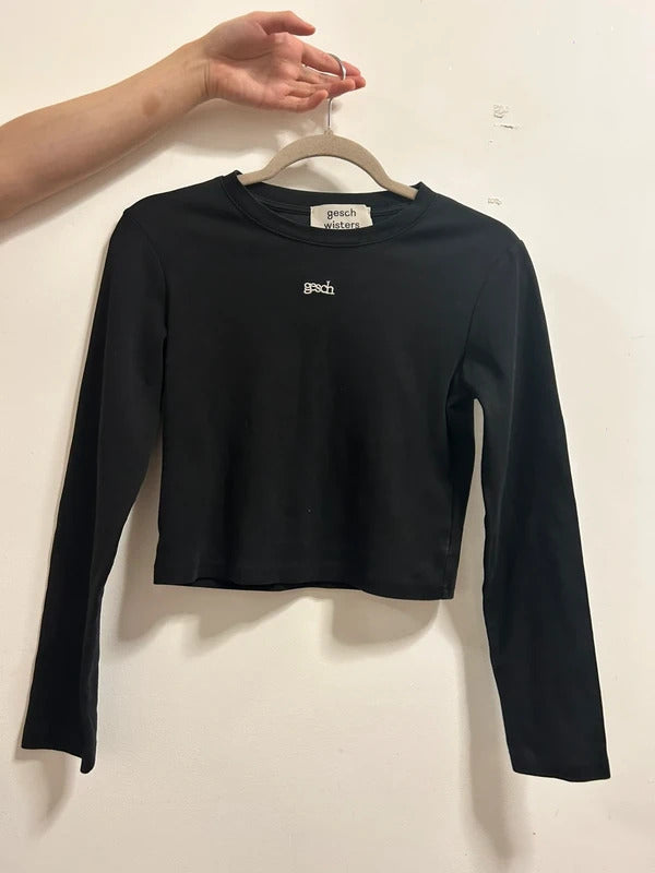 Geschwister Black Embroidered Cropped Long Sleeve Baby Tee