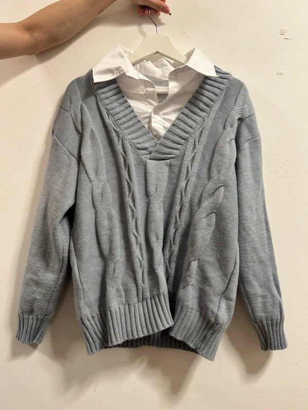 Old Money Academia Grey Cable Knit Mock-Layered Jumper M/L