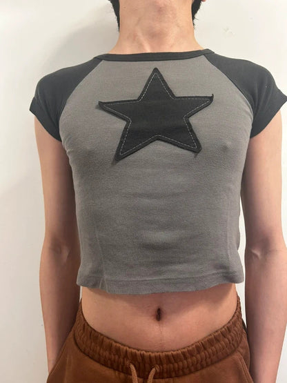 Minga London Star Patch Cropped Baby Tee | Grey Black Y2K XS