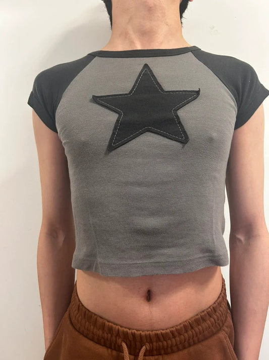Minga London Star Patch Cropped Baby Tee | Grey Black Y2K XS