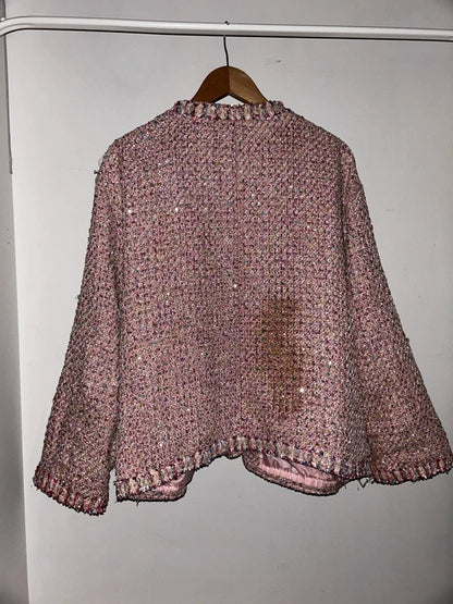 Korean  Pink Sequin Tweed Jacket Plus Size UK 22+