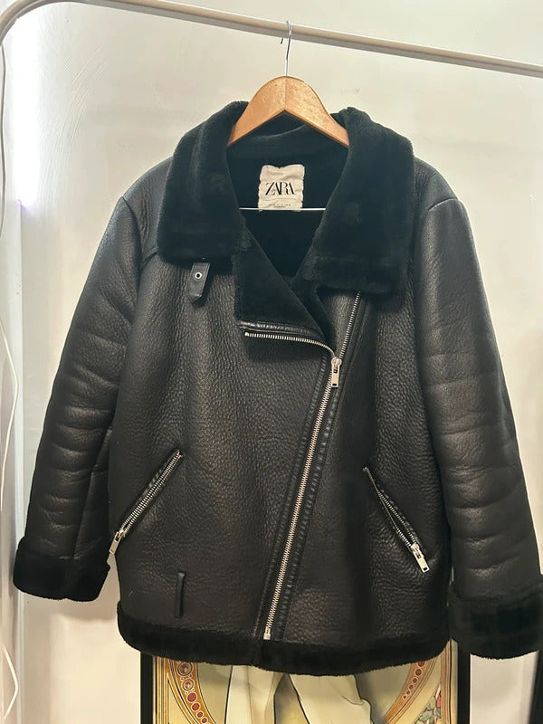 Zara Black Faux-Shearling Aviator Biker Jacket XXL