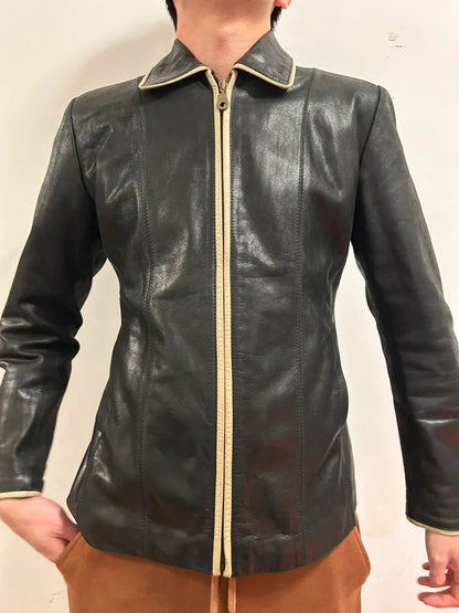 mdk major design black real leather fitted jacket size s