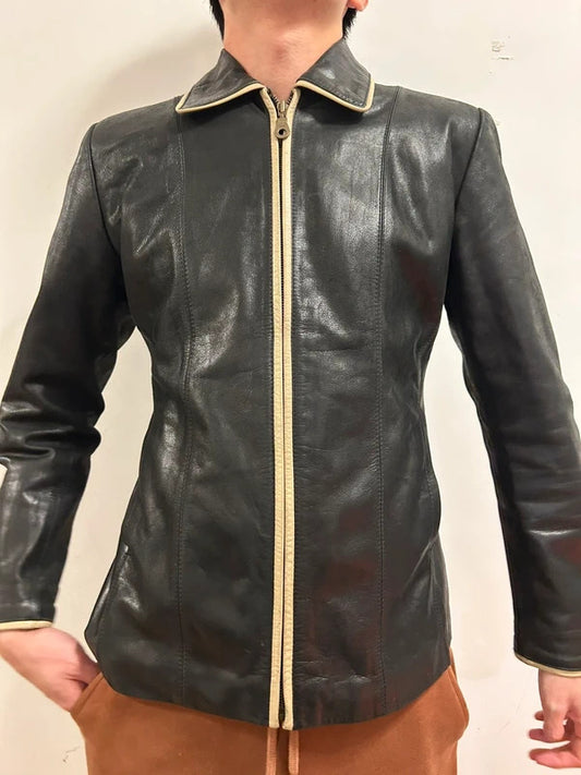 mdk major design black real leather fitted jacket size s
