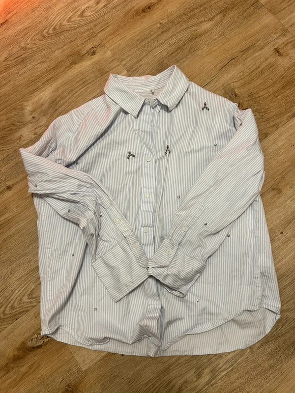 Primark Paris Blue Striped Rhinestone Shirt S Embellished Cotton Button Up