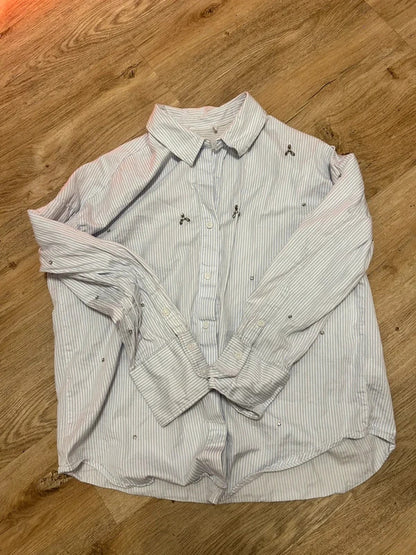 Primark Paris Blue Striped Rhinestone Shirt S Embellished Cotton Button Up