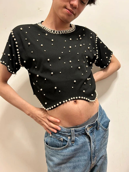 Black Pearl Embellished Cropped Top UK 16 / Oversized Editorial Fit