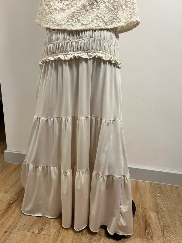 Cream Tiered Maxi Skirt with Shirred Waist & Ruffle Detail