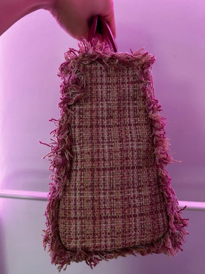 Unbranded Pink Burgundy Tweed Mini Top Handle Bag Frayed Edge Handbag