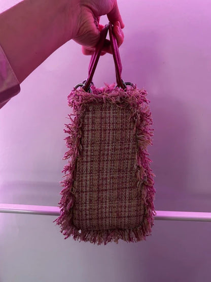 Unbranded Pink Burgundy Tweed Mini Top Handle Bag Frayed Edge Handbag