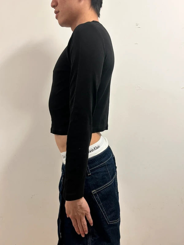 Geschwister Black Embroidered Cropped Long Sleeve Baby Tee