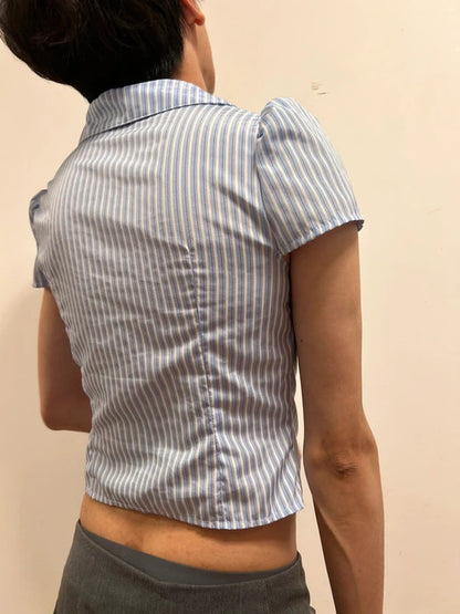 SHEIN Blue & White Striped Cropped Ruched Puff Sleeve Shirt Size S / UK 8