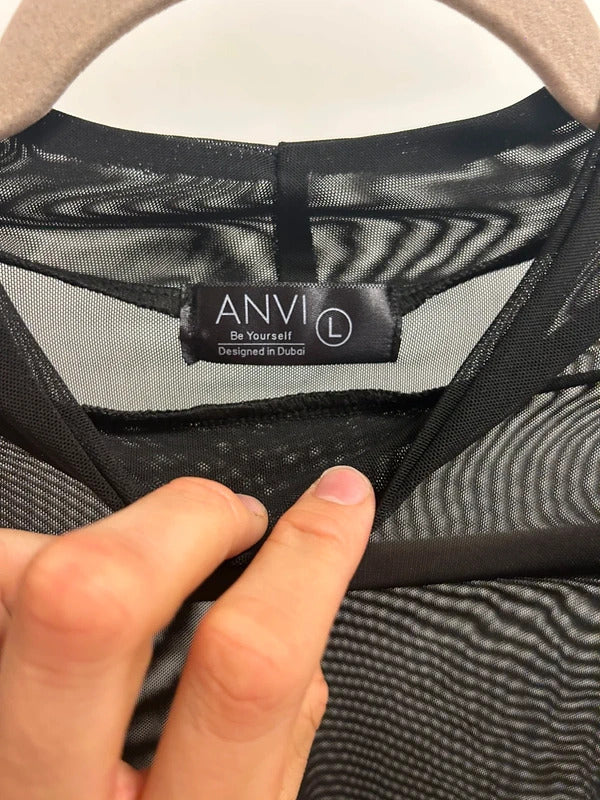 anvi black sheer mesh long sleeve top l y2k clubwear