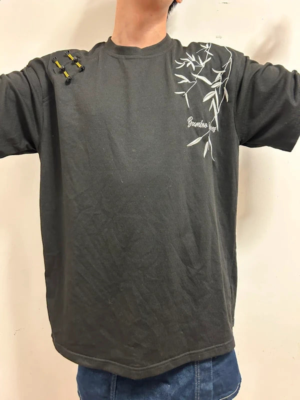 Black Oversized Bamboo Embroidered T-Shirt | Oriental Streetwear XXL