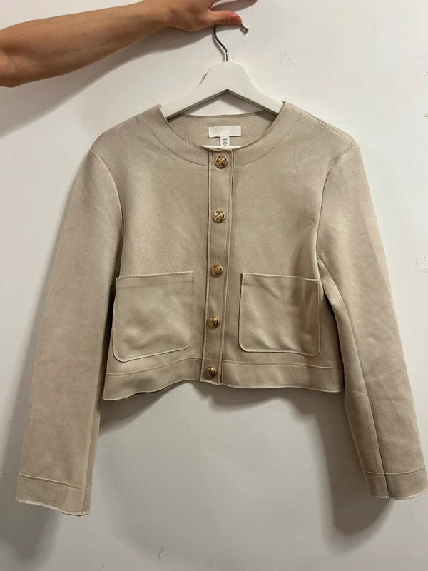 H&M Beige Faux Suede Cropped Jacket XS Gold Button Minimal Jacket