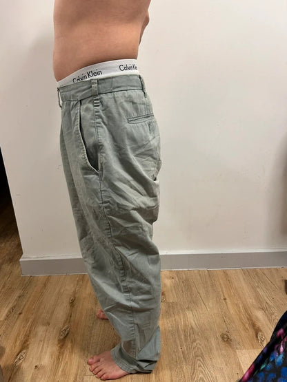 Vintage M&S Sage Grey-Green Regular Trousers W38 L33 Relaxed Straight Leg