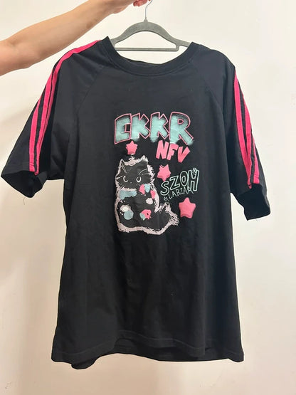 korean black cat graphic t shirt m l pink stripe y2k kawaii tee