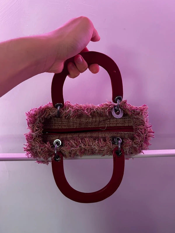 Unbranded Pink Burgundy Tweed Mini Top Handle Bag Frayed Edge Handbag