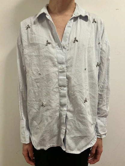 Primark Paris Blue Striped Rhinestone Shirt S Embellished Cotton Button Up