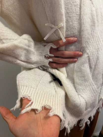 Cream Distressed Oversized Bow Knit Jumper | Coquette Grunge 2XL