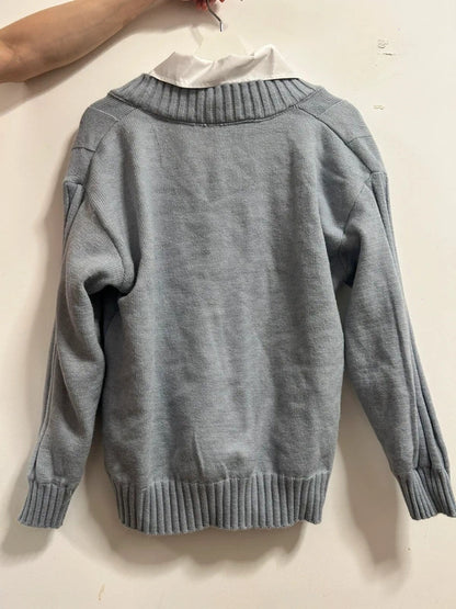 Old Money Academia Grey Cable Knit Mock-Layered Jumper M/L