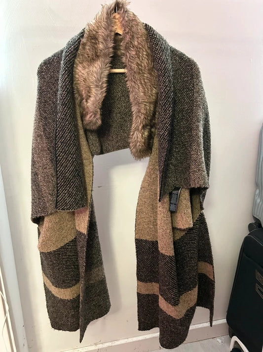 Japanese Vintage  Faux Fur Collar Cape Poncho  Brown Taupe Blanket Wrap