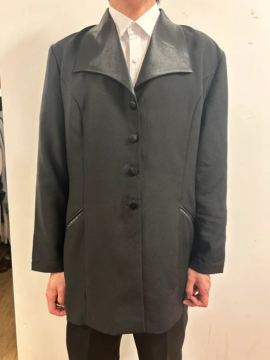 Vintage C&A Black Tailored Coat UK 20 EU 48 satin Collar Minimalist 90s Style