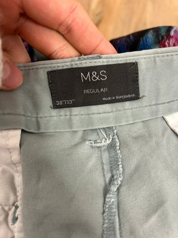 Vintage M&S Sage Grey-Green Regular Trousers W38 L33 Relaxed Straight Leg