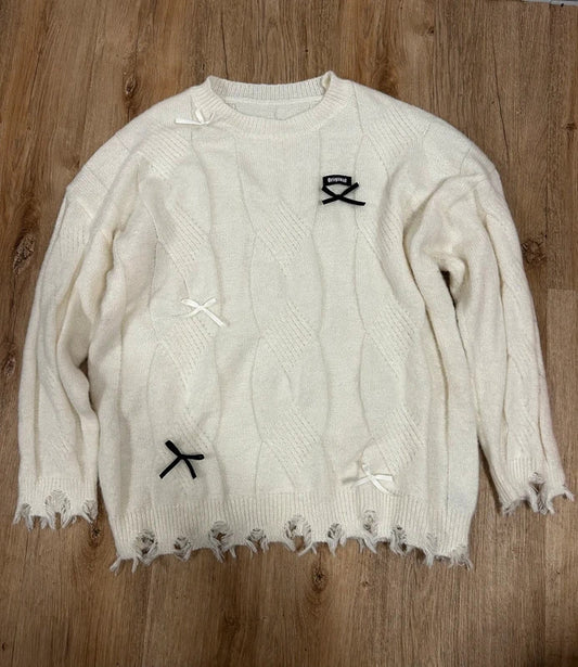 Cream Distressed Oversized Bow Knit Jumper | Coquette Grunge 2XL