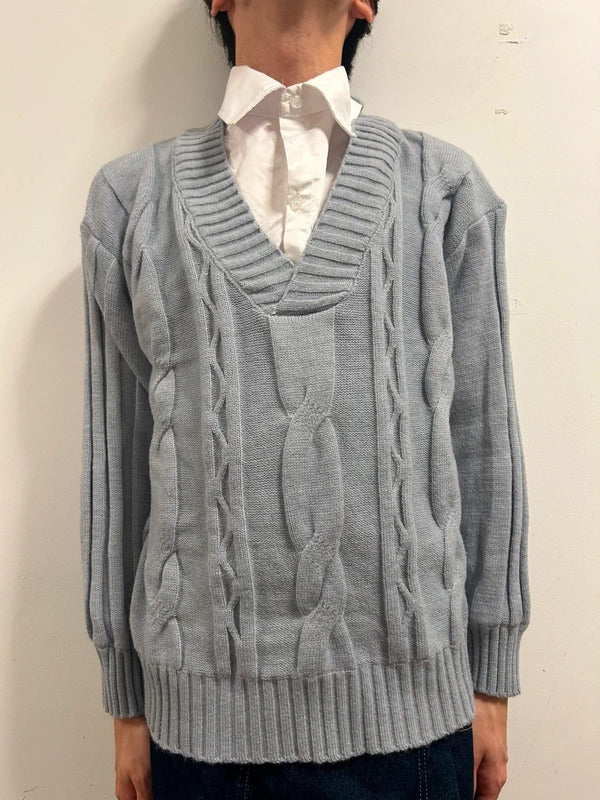 Old Money Academia Grey Cable Knit Mock-Layered Jumper M/L