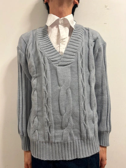Old Money Academia Grey Cable Knit Mock-Layered Jumper M/L