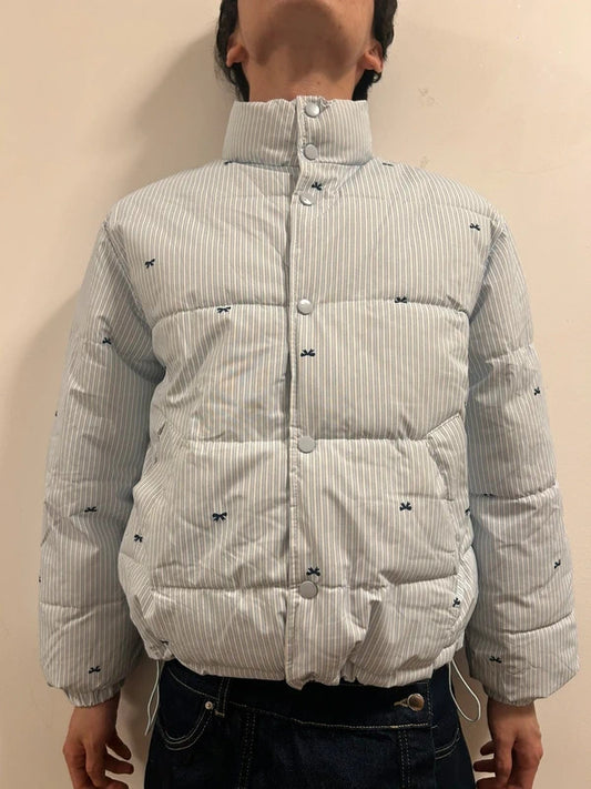 Blue Striped Cropped Puffer Jacket Small Embroidered Bow Detail