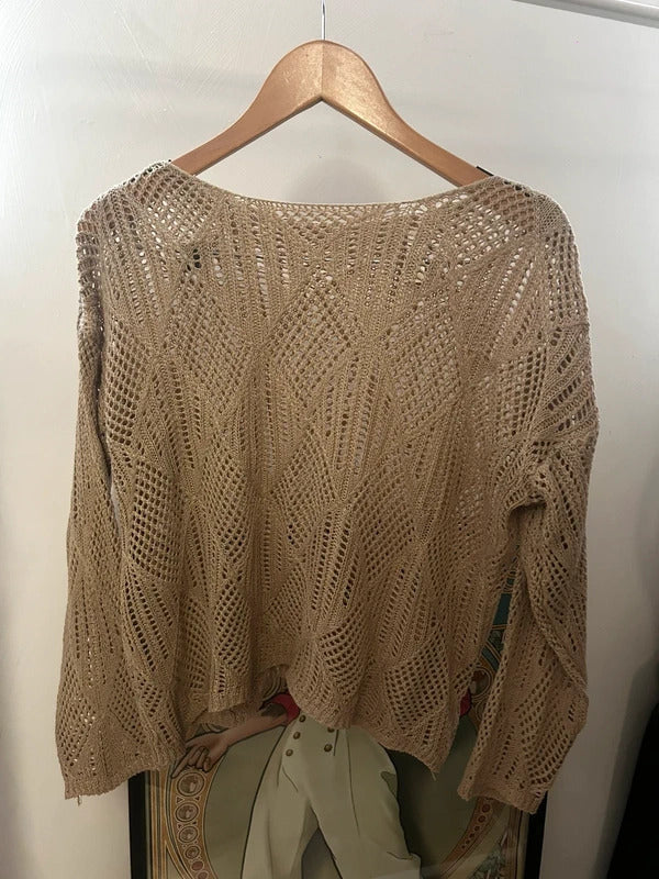 Vintage Beige Crochet Open Knit Jumper UK 16 18 Sheer Boho Beach Crop Knit Top