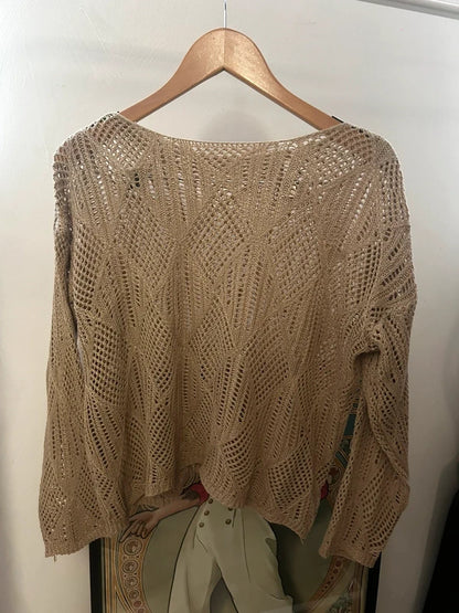 Vintage Beige Crochet Open Knit Jumper UK 16 18 Sheer Boho Beach Crop Knit Top