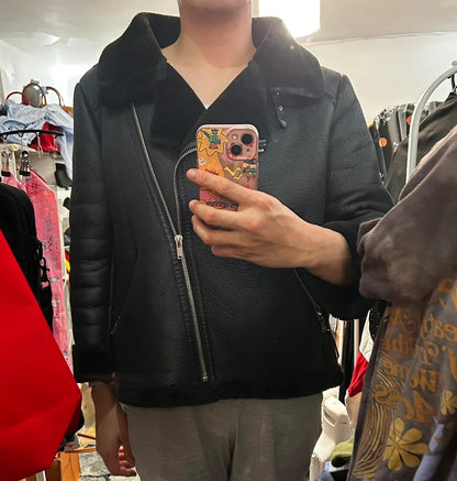 Zara Black Faux-Shearling Aviator Biker Jacket XXL