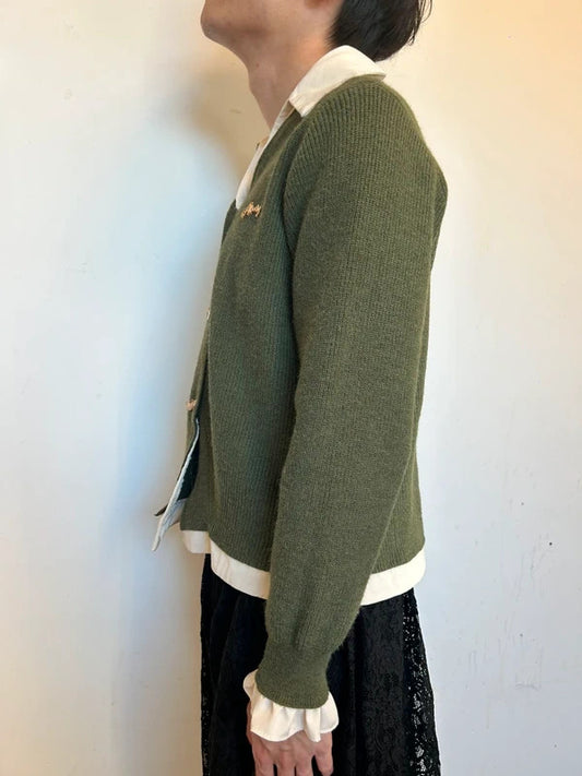 Korean Boutique Olive Green LayerKnit Cardigan Unisex L Preppy Soft Girl Style