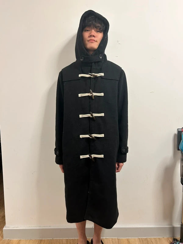 Korean Design Black Hooded Toggle Duffle Coat