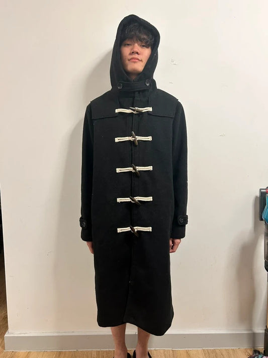 Korean Design Black Hooded Toggle Duffle Coat