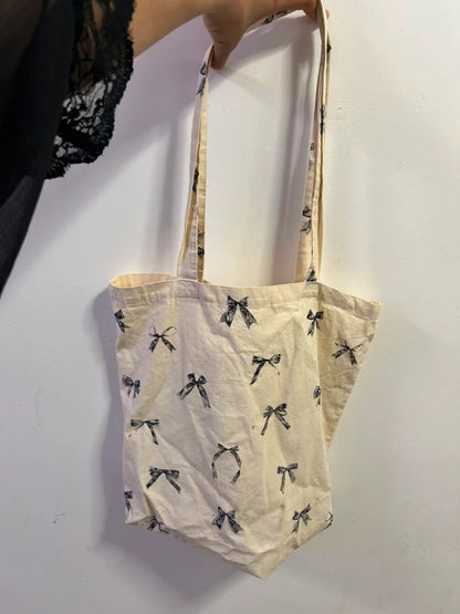 Coquette Bow Print Cotton Tote Bag Balletcore Canvas Shopper Minimalist