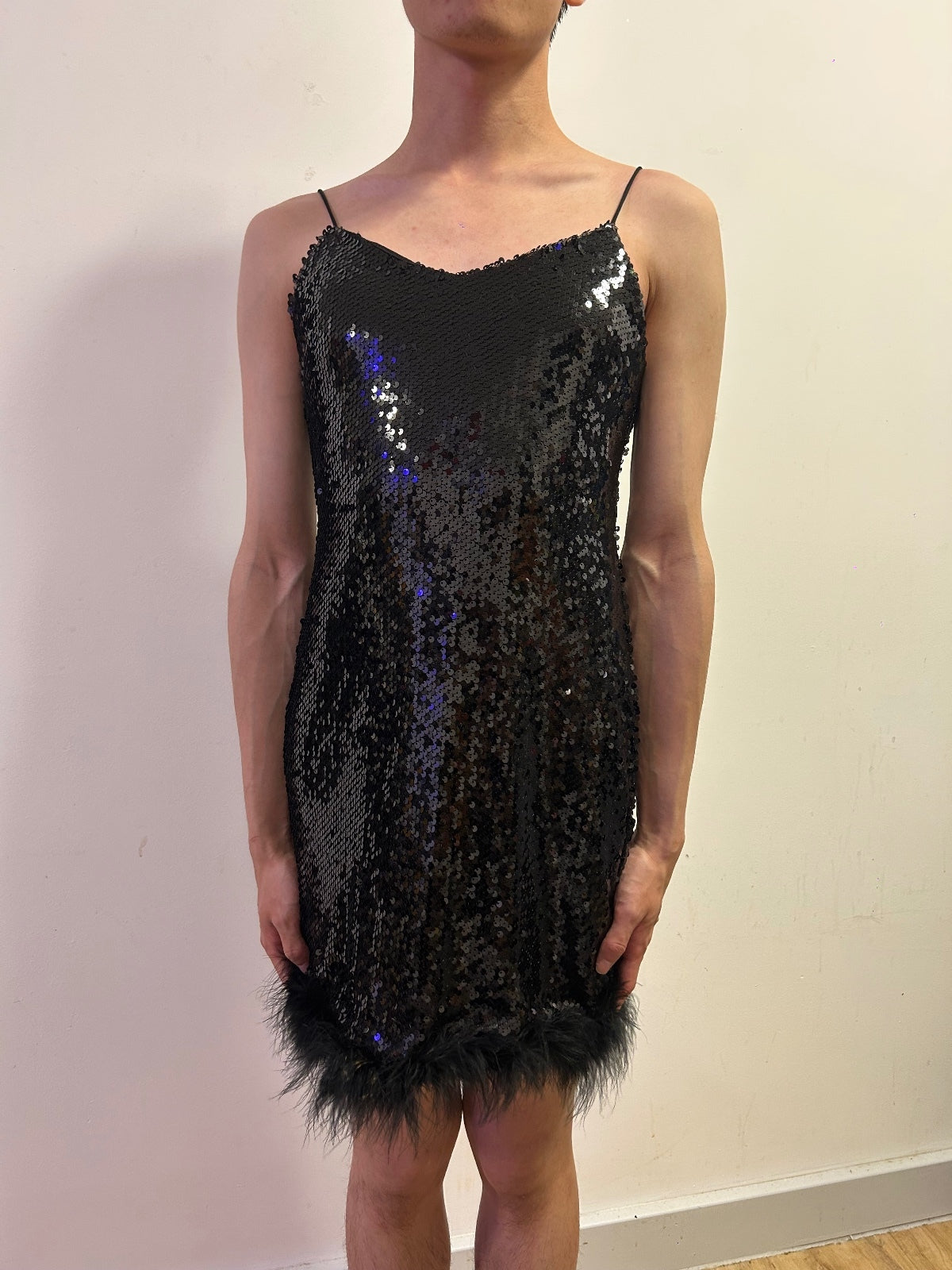 Italian Black Sequin Feather Hem Slip Dress | Size M  Evening Glamour Mini Dress
