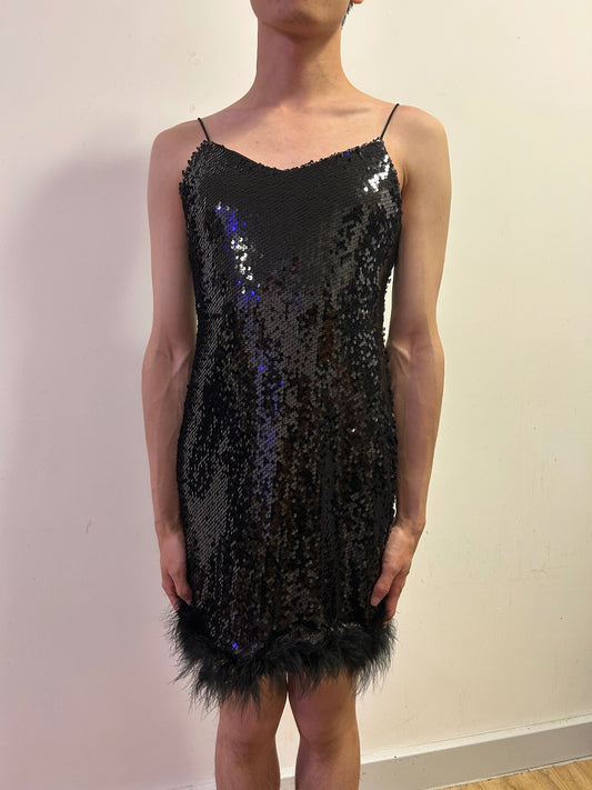 Italian Black Sequin Feather Hem Slip Dress | Size M  Evening Glamour Mini Dress