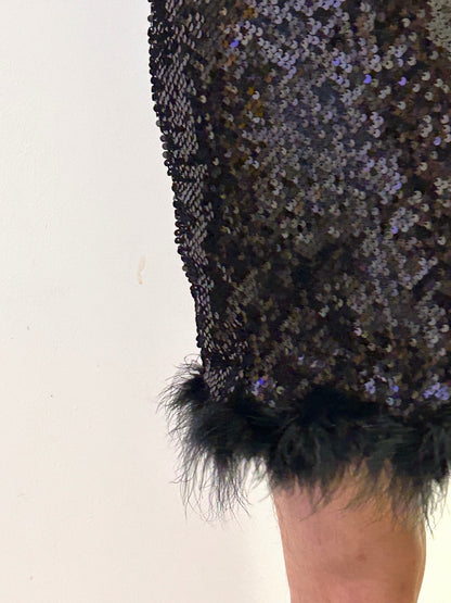 Italian Black Sequin Feather Hem Slip Dress | Size M  Evening Glamour Mini Dress
