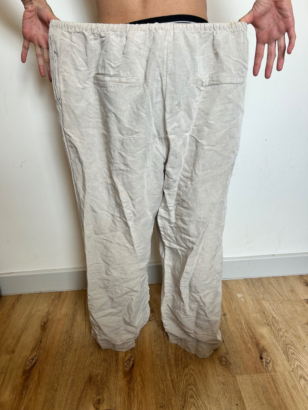 Linen Blend Wide Leg Drawstring Trousers | Relaxed Beige Summer Trousers XL